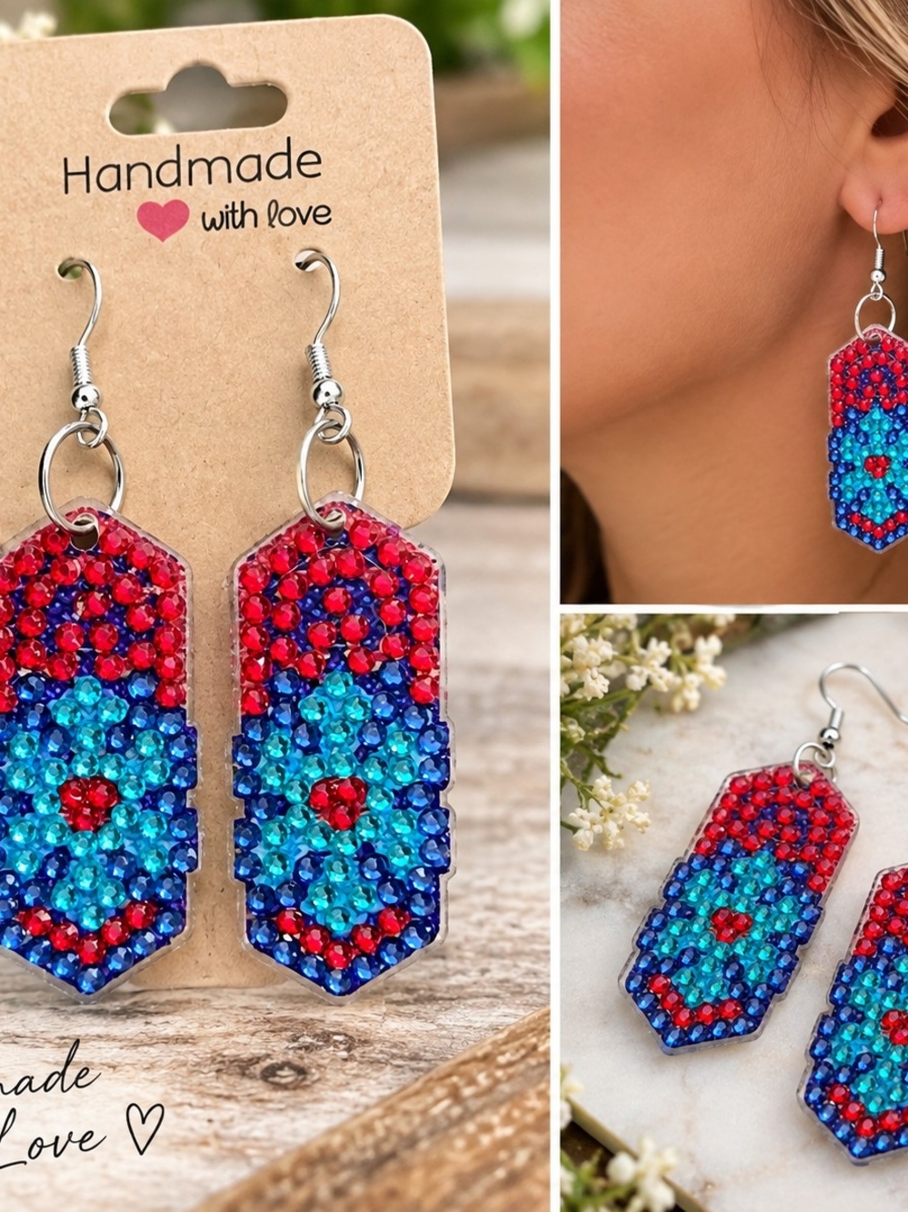 Handmade Red & Blue Beaded Dangle Earrings